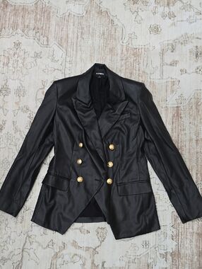 Express Black Faux Leather Double-Breasted Blazer with Gold Buttons